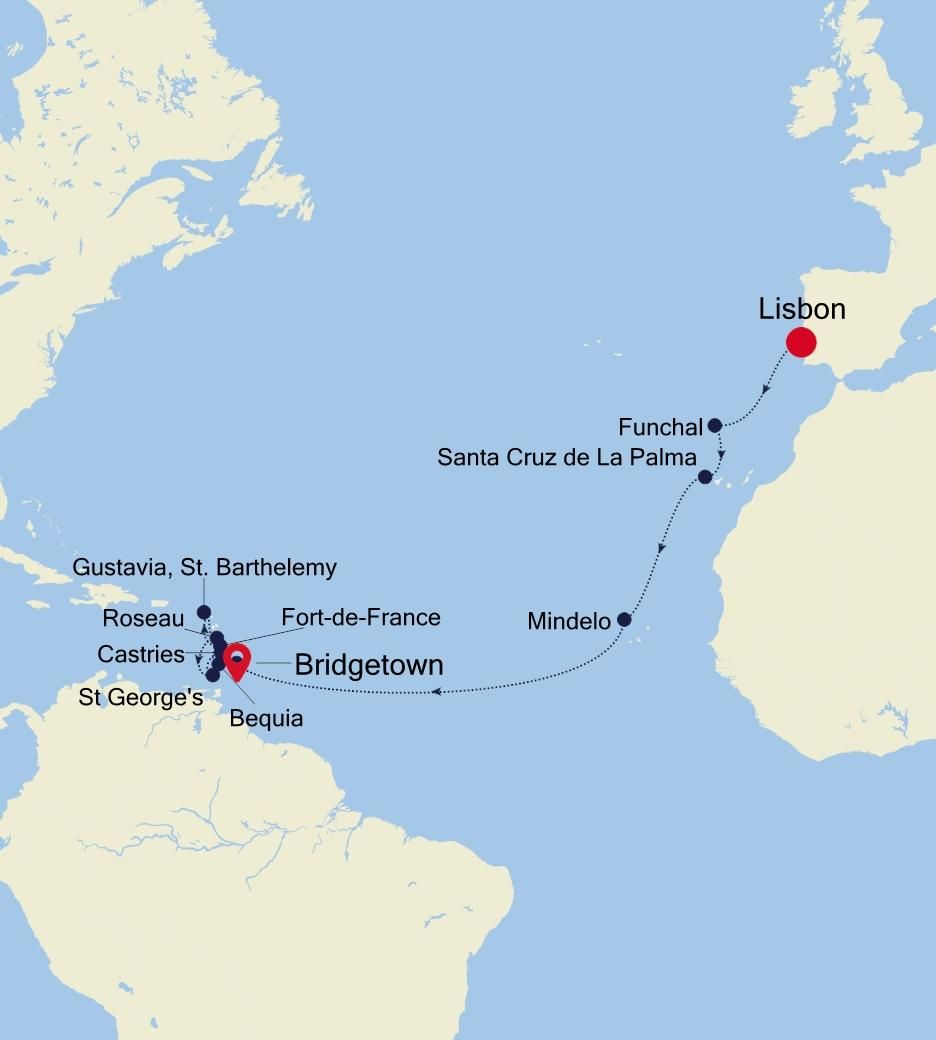 Transoceanic Special Voyage: Lisbon to Bridgetown Itinerary Map